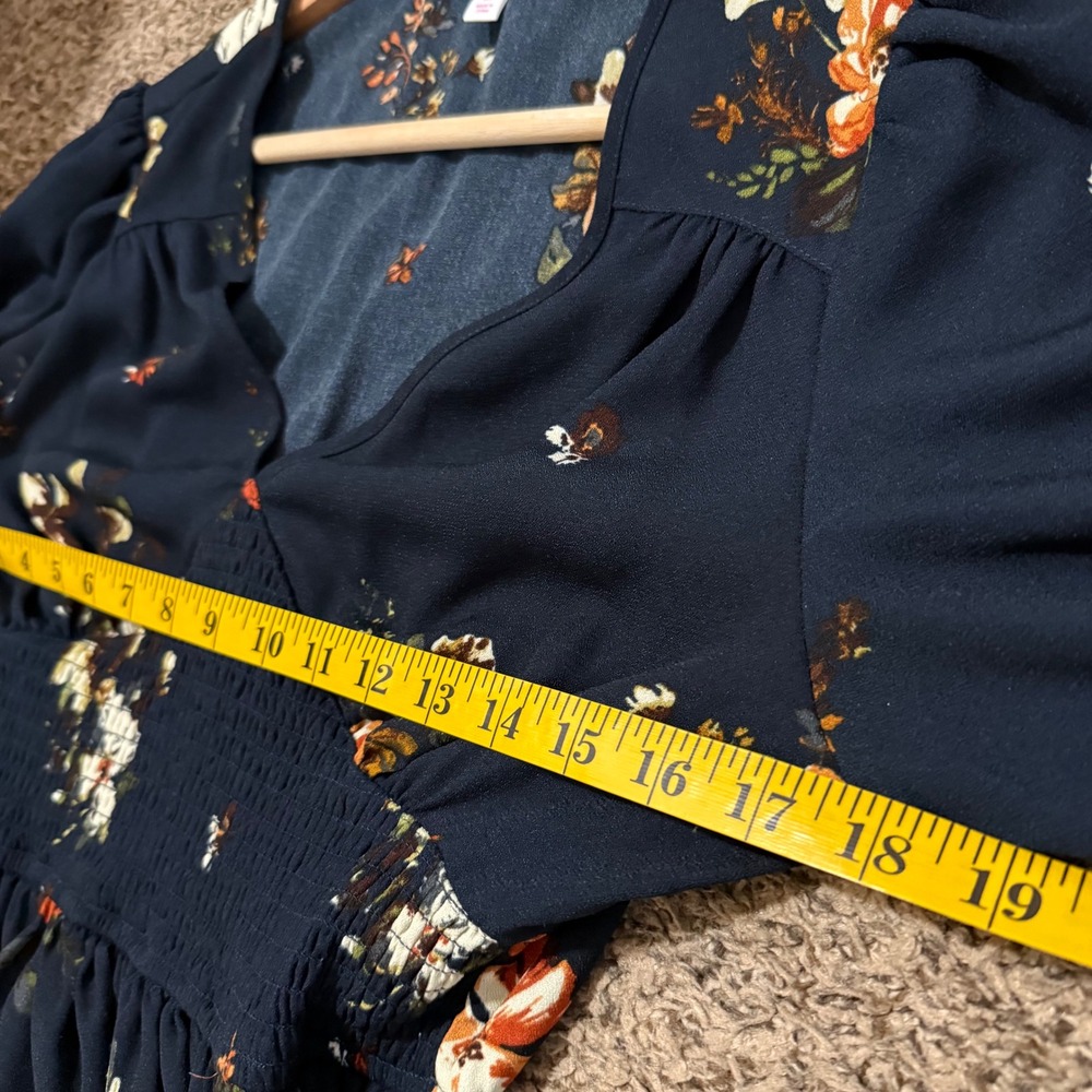 Xhilaration Navy Floral‎ Smocked Waist Long Sleeve V Neck Mini Dress Womens M - Picture 6 of 8